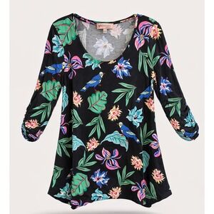 Philosophy Republic Clothing Tropical Bird Floral Ruched Sleeve Tunic‎ Dress L